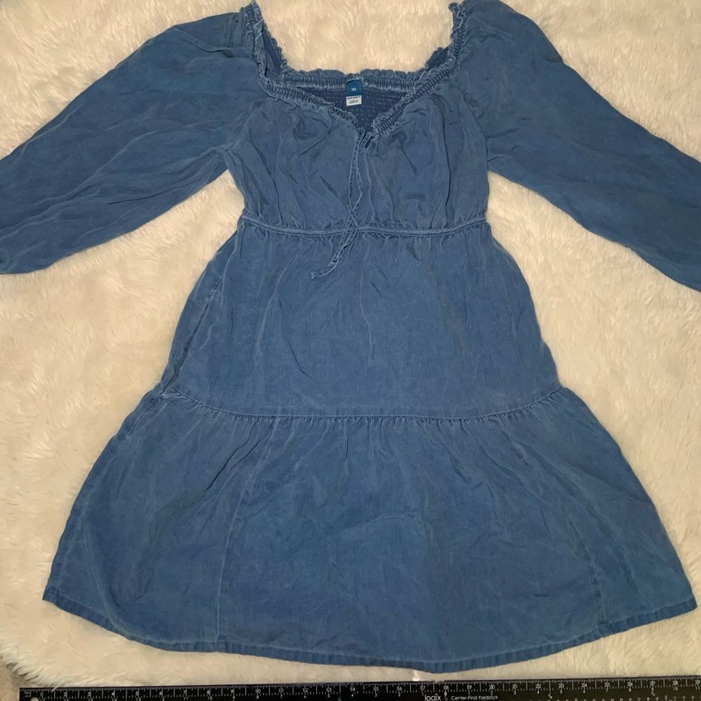 Sz XS Old Navy Peasant Jean Chambray Puffy Sleeve Drawstring Chest Dress